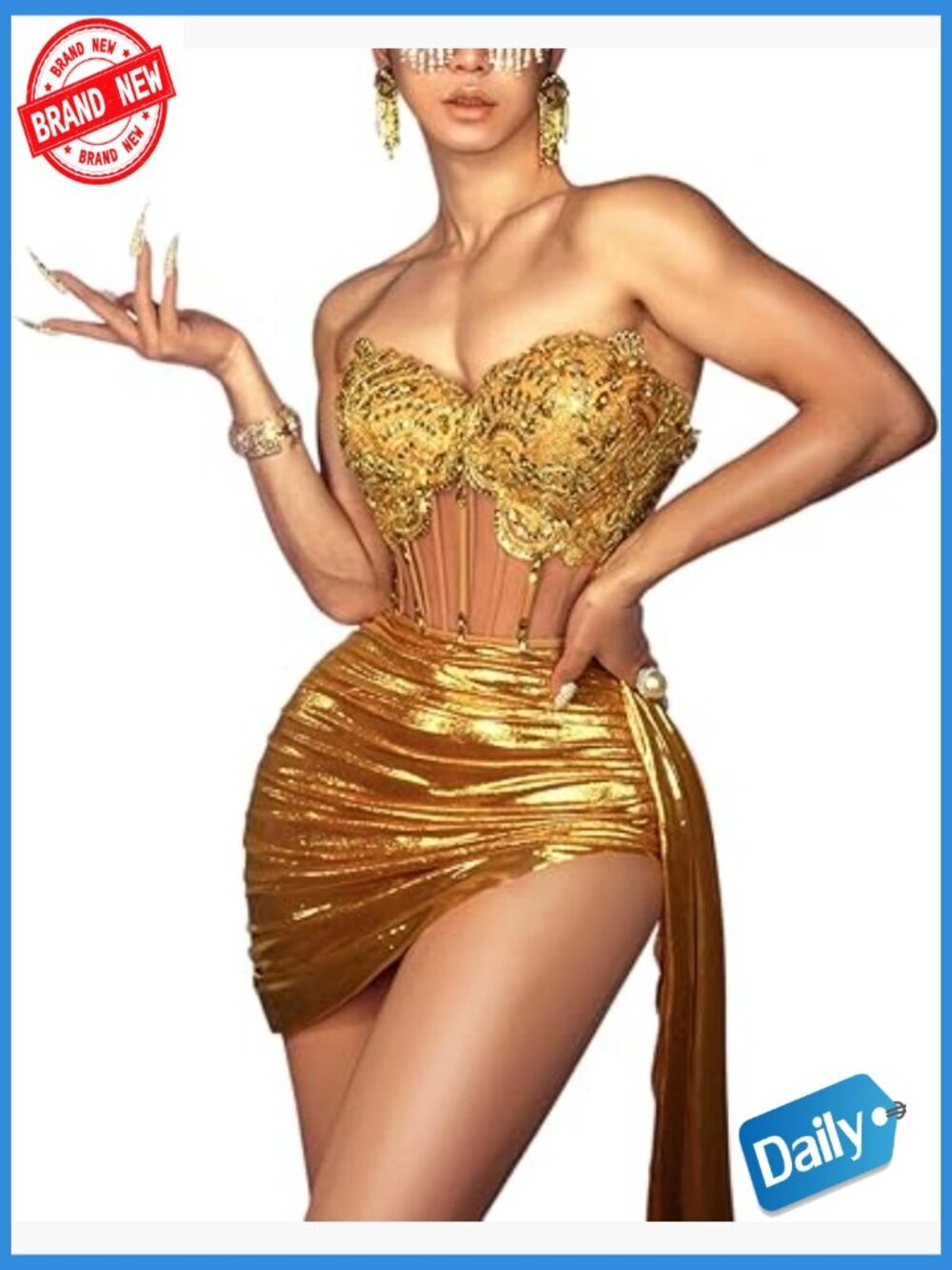 Strapless Corset & Metallic Skirt Two-Piece Set